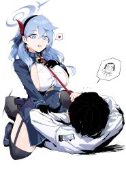 Rule 34 | 1boy, 1girl, absurdres, ako (blue archive), assertive female, bell, black gloves, black hair, blue archive, blue eyes, blue hair, blue jacket, breasts, cowbell, doodle sensei (blue archive), garter straps, girl on top, gloves, half gloves, halo, highres, image sample, jacket, large breasts, leash, lying, medium hair, on back, on ground, open clothes, open jacket, open mouth, plentyofempty, sensei (blue archive), shirt, short hair, sideboob, sidelocks, simple background, sitting, sitting on person, thighhighs, twitter sample, white background, white shirt