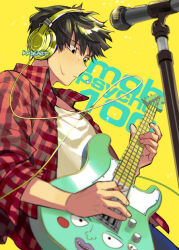Rule 34 | 1boy, artist name, bass guitar, black eyes, black hair, blue pants, cable, collared shirt, commentary, copyright name, ekubo (mob psycho 100), english commentary, guitar, hair between eyes, headphones, holding, holding instrument, holding plectrum, instrument, kadeart, kageyama shigeo, long sleeves, looking down, male focus, microphone, microphone stand, mob psycho 100, music, open clothes, open shirt, pants, parted lips, plaid, plaid shirt, playing instrument, plectrum, red shirt, shirt, short sleeves, signature, simple background, sleeves rolled up, solo, sweat, white shirt, wing collar, yellow background