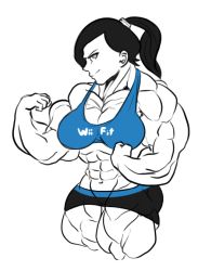 Rule 34 | 1girl, abs, bikini, bikini top only, black hair, blue theme, breasts, colored skin, flexing, grey eyes, long hair, monochrome, muscular, nintendo, no legs, ponytail, short shorts, shorts, smile, solo, spandex, swimsuit, white skin, wii fit, wii fit trainer, wii fit trainer (female)