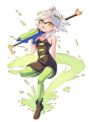 Rule 34 | 1girl, armpit crease, black dress, black footwear, boots, dress, earrings, fang, green pantyhose, gun, highres, holding, holding gun, holding weapon, inkling, jewelry, marie (splatoon), nintendo, open mouth, pantyhose, revvie, rifle, simple background, sniper rifle, solo, splat charger (splatoon), splatoon (series), splatoon 1, tentacle hair, weapon, white background, yellow eyes