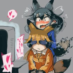 Rule 34 | 10s, 2girls, animal ears, blush, covering another&#039;s eyes, ezo red fox (kemono friends), fox ears, fox tail, heart, implied pornography, kemono friends, mcgunngu, multiple girls, silver fox (kemono friends), spoken heart, tail, television