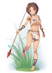 Rule 34 | 1girl, :o, ankle lace-up, anklet, armlet, bare shoulders, barefoot, beads, blush, braid, breasts, brown hair, choker, cleavage, criss-cross halter, cross-laced footwear, feathers, feet, fringe trim, full body, grass, hair ornament, hair tie, hairclip, halterneck, highres, holding, holding weapon, jewelry, kazuma (kazumav), leg up, legs apart, loincloth, looking at viewer, medium breasts, midriff, navel, original, polearm, red eyes, revealing clothes, ring, shade, shiny skin, side braid, single braid, skindentation, solo, spear, standing, standing on one leg, stomach, tan, toenails, tribal, underboob, weapon