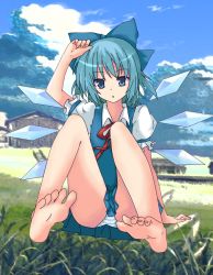 Rule 34 | 1girl, bare legs, barefoot, blue eyes, blue hair, bow, cirno, feet, female focus, flat chest, full body, matching hair/eyes, nature, outdoors, panties, plant, regnad, self-upload, sky, solo, striped clothes, striped panties, touhou, underwear, upskirt, wings