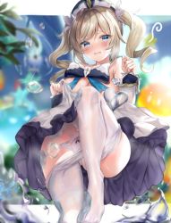 Rule 34 | 1girl, bad id, bad pixiv id, barbara (genshin impact), blonde hair, blue eyes, blush, bow, bowtie, breasts, cleavage, clothes pull, cross, dress, drill hair, genshin impact, half-closed eyes, latin cross, medium breasts, open mouth, panties, pantyhose, pantyhose pull, solo, twin drills, twintails, underwear, white dress, white panties, white pantyhose, yama yuu07
