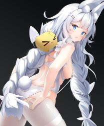 Rule 34 | 1girl, :o, absurdres, animal ear fluff, animal ears, ass, azur lane, back, backless leotard, bare arms, bare shoulders, blue eyes, braid, breasts, cowboy shot, from behind, hair ornament, hairclip, haruka poi, highres, le malin (azur lane), le malin (listless lapin) (azur lane), leotard, long hair, looking at viewer, looking back, manjuu (azur lane), medium breasts, open mouth, pantyhose, rabbit ears, rabbit tail, revealing clothes, skindentation, solo, standing, tail, twin braids, twintails, very long hair, white hair, white leotard, white pantyhose