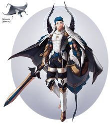 Rule 34 | 1boy, abs, black pants, blue hair, cape, covered abs, full body, gloves, highres, holding, holding sword, holding weapon, male focus, manta ray, open mouth, original, pants, personification, rinotuna, shadow, short hair, smile, solo, sparkle, standing, sword, weapon, white gloves