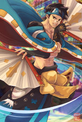 Rule 34 | 1boy, abs, absurdres, bare pectorals, belt buckle, blue headwear, brown eyes, buckle, collarbone, fingerless gloves, folding fan, glasses, gloves, guilty gear, guilty gear strive, hand fan, highres, japanese clothes, male focus, mito anji, muscular, muscular male, pectorals, sergio nhur, short hair, smile, solo focus