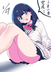 :o absurdres black_skirt blue_eyes blue_hair blush bow bowtie cardigan dark_blue_hair dated feet_out_of_frame good_thighs_day gridman_universe highres jamilsaga knees_up long_hair long_sleeves looking_at_viewer miniskirt open_mouth pleated_skirt red_bow red_bowtie school_uniform shiny_skin simple_background sitting skirt solo ssss.gridman takarada_rikka thick_thighs thigh_focus thighs white_background white_cardigan