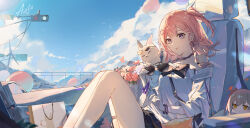Rule 34 | 2girls, asta (honkai: star rail), bare shoulders, black bow, bow, brown hair, cat, character name, closed eyes, closed mouth, cloud, cloudy sky, couch, unworn eyewear, hair ornament, highres, holding, holding removed eyewear, honkai: star rail, honkai (series), long sleeves, multicolored eyes, multiple girls, off shoulder, on couch, outdoors, peppy (honkai: star rail), pink hair, shirt, short hair, side ponytail, sitting, sky, smile, stelle (honkai: star rail), stuffed toy, sunglasses, thigh strap, thighs, tongue, tongue out, trailblazer (honkai: star rail), white shirt, wide sleeves, yajuu, yellow eyes