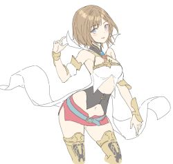 Rule 34 | 1girl, bad id, bad twitter id, blue eyes, boots, breasts, brown hair, character request, commentary request, cowboy shot, final fantasy, final fantasy xii, looking at viewer, medium breasts, midriff, navel, shiosoda, short hair, simple background, solo, thigh boots, thighhighs, white background