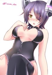 Rule 34 | 10s, 1girl, bare shoulders, blush, breasts, cleavage, cleavage cutout, clothing cutout, eyepatch, front zipper swimsuit, headgear, izumi akane, kantai collection, large breasts, meme attire, one-piece swimsuit, open mouth, purple hair, short hair, solo, swimsuit, tenryuu (kancolle), thighhighs, yellow eyes