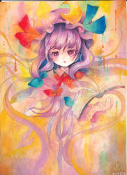Rule 34 | 1girl, book, female focus, hat, long hair, looking at viewer, mosho, open mouth, patchouli knowledge, purple eyes, purple hair, ribbon, solo, touhou, traditional media