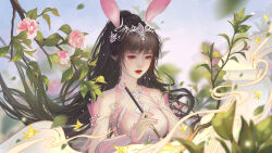 Rule 34 | 1girl, absurdres, animal ears, blurry, blurry background, braid, branch, brown hair, bug, butterfly, douluo dalu, earrings, hair ornament, highres, holding, holding brush, insect, jewelry, light particles, long hair, looking down, ponytail, rabbit ears, second-party source, solo, teeth, upper body, xiao wu (douluo dalu), yi zi zi