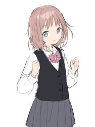 Rule 34 | 1girl, black vest, bow, bowtie, brown hair, closed mouth, cowboy shot, grey eyes, grey skirt, hands up, highres, long sleeves, looking at viewer, medium hair, original, pink bow, pink bowtie, pleated skirt, school uniform, sekiya asami, shirt, simple background, sketch, skirt, smile, solo, vest, white background, white shirt
