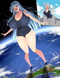 Rule 34 | 1girl, blue hair, breasts, city, cleavage, collarbone, commission, continents, covered erect nipples, dot nose, female focus, floating, floating hair, full body, galaxy, giant, giantess, gigantic breasts, growth, highres, in water, kloah, legs, long hair, motion lines, nipples, ocean, one-piece swimsuit, open mouth, planet, red eyes, scared, side ponytail, smile, solo, space, star (sky), swimsuit, tears, thick thighs, thighs, w arms, wide hips