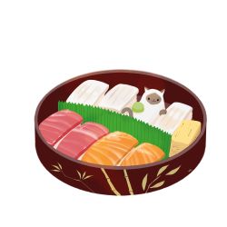 Rule 34 | box, cat, chai (drawingchisanne), fish (food), food, food focus, highres, nigirizushi, no humans, omelet, original, simple background, sushi, tamagoyaki, tuna, wasabi, white background