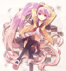 Rule 34 | 1girl, bad id, bad pixiv id, black thighhighs, checkered background, gradient hair, long hair, lying, mugura, multicolored hair, official alternate costume, open mouth, pink hair, pleated skirt, purple eyes, purple hair, school uniform, side ponytail, skirt, solo, sophie (tales), tales of (series), tales of graces, thighhighs, very long hair