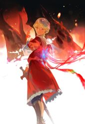 Rule 34 | 1boy, absurdres, blonde hair, blue eyes, child, closed mouth, earrings, final fantasy, final fantasy xvi, fire, full body, highres, jewelry, joshua rosfield, male focus, neruchiru 08, red robe, robe, short hair, smile, solo, standing, sword, weapon