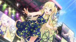 Rule 34 | 1girl, 22/7, 22/7 ongaku no jikan, blonde hair, blue dress, blue ribbon, blue sky, blurry, bow, bracelet, concert, depth of field, dress, dutch angle, floral print, frilled dress, frills, fujima sakura, game cg, hair ribbon, highres, idol, jewelry, lens flare, light particles, long hair, non-web source, official art, one eye closed, open mouth, outstretched arm, purple eyes, ribbon, screen zoom, short sleeves, single hair ring, sky, smile, solo, sparkle, speaker, stage lights, sunlight, yellow bow