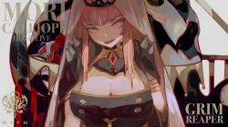 Rule 34 | 1girl, :d, absurdres, breasts, character name, cleavage, fangs, hair between eyes, highres, hololive, hololive english, john kafka, long hair, looking at viewer, mori calliope, open mouth, pink eyes, pink hair, smile, solo, teeth, virtual youtuber