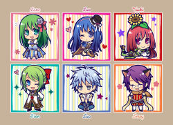 Rule 34 | 3boys, 3girls, :d, alchemist (ragnarok online), alternate color, animal, animal around neck, animal ears, arch bishop (ragnarok online), bangle, belt, black coat, black footwear, black headwear, blowing kiss, blue belt, blue dress, blue eyes, blue gloves, blue hair, blue pants, blush, boots, bow, bracelet, brown belt, brown cape, brown dress, brown footwear, brown pants, camouflage, camouflage scarf, camouflage shorts, cape, cat ears, character name, chibi, cleavage cutout, closed mouth, clothing cutout, coat, commentary request, crop top, cross, cross necklace, detached sleeves, dress, earrings, elbow gloves, fingerless gloves, flower, fox, full body, fur-trimmed pants, fur-trimmed shirt, fur trim, glasses, gloves, green coat, green gloves, green hair, green legwear, green scarf, green shorts, green tube top, grey eyes, hair bow, hair flower, hair ornament, hat, hat bow, heart, high priest (ragnarok online), jewelry, juliet sleeves, layered clothes, long hair, long sleeves, looking at viewer, lying, medium hair, multicolored coat, multiple boys, multiple girls, necklace, on stomach, one eye closed, open clothes, open mouth, open shirt, pants, pince-nez, pink flower, pink hair, pointy ears, pouch, professor (ragnarok online), puffy sleeves, purple eyes, purple hair, ragnarok online, ranger (ragnarok online), red bow, red hair, red shirt, sash, scarf, shirt, shoes, short dress, short hair, shorts, sleeveless, sleeveless shirt, smile, standing, strapless, striped sleeves, the pose, thighhighs, top hat, tsuki miso, tube top, two-tone coat, two-tone dress, vambraces, white bow, white coat, white dress, white flower, white legwear, white pants, white shirt, white sleeves, whitesmith (ragnarok online), yellow sash, yellow sleeves