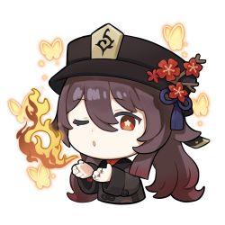 Rule 34 | 1girl, black hat, blowing kiss, brown hair, chibi, chinese clothes, collared coat, fire, flower, flower-shaped pupils, genshin impact, hat, hat flower, hu tao (genshin impact), jewelry, long hair, long sleeves, looking at viewer, multiple rings, official art, one eye closed, plum blossoms, porkpie hat, red eyes, ring, symbol-shaped pupils, tassel