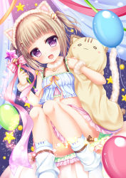 Rule 34 | 1girl, :d, animal ear legwear, animal ears, balloon, bare shoulders, bow, cat ear legwear, cat ears, cat girl, cat-shaped pillow, cat tail, collarbone, commentary request, crop top, curtains, dutch angle, hair ornament, holding, holding wand, light brown hair, looking at viewer, loose socks, midriff, hugging object, open mouth, original, pillow, pillow hug, pink bow, pink skirt, pleated skirt, purple eyes, shitou, sitting, skirt, smile, socks, solo, star (symbol), star hair ornament, tail, two side up, wand, white legwear