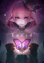 Rule 34 | 1girl, bare shoulders, black dress, bug, butterfly, choker, closed mouth, collarbone, detached sleeves, dress, female focus, fingernails, flower, hair between eyes, hat, hat feather, insect, lips, looking at viewer, lucid (maplestory), maplestory, mini hat, mini top hat, o-ring, o-ring choker, pointy ears, purple eyes, purple hair, red flower, red rose, rose, short hair, solo, tagme, top hat, veil