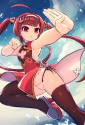 Rule 34 | 1girl, :o, ahoge, armpits, azur lane, bare arms, bare shoulders, black thighhighs, blue sky, breasts, brown hair, chingisu, dot nose, dress, fighting stance, grey footwear, hairband, high heels, leg up, open mouth, outdoors, outstretched arm, panties, ping hai (azur lane), pink eyes, remodel (azur lane), side-tie panties, sky, sleeveless, sleeveless dress, small breasts, solo, thighhighs, thighs, twintails, underwear, white hairband, white panties