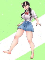 Rule 34 | 1girl, barefoot, blue skirt, bow, breasts, dungeon meshi, full body, green background, highres, horns, inutade, kayowacool007, large breasts, long hair, long legs, red bow, school uniform, shirt, simple background, skirt, smile, solo, standing, white shirt, yellow eyes