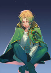 Rule 34 | 10s, 1boy, black gloves, blonde hair, blue background, blurry, cloak, depth of field, frills, gem, gloves, gradient background, gradient hair, green eyes, green hair, half gloves, hand on own cheek, hand on own face, head rest, long sleeves, looking at viewer, male focus, matching hair/eyes, multicolored hair, naked cat, rido (yume-100), shoes, sitting, smile, solo, two-tone hair, yume oukoku to nemureru 100-nin no ouji-sama
