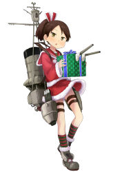 Rule 34 | 10s, 1girl, :o, abe kanari, alternate costume, blush, boots, box, brown eyes, brown hair, full body, gift, gift box, hair ribbon, highres, kantai collection, looking at viewer, official art, open mouth, ponytail, ribbon, santa costume, shikinami (kancolle), short hair, simple background, skirt, socks, solo, striped clothes, striped legwear, striped socks, white background