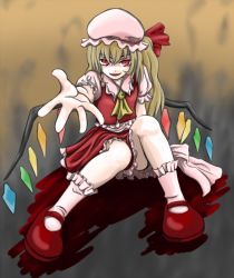 Rule 34 | 1girl, ascot, bare legs, blonde hair, collar, crystal, demon wings, dress, female focus, flandre scarlet, frills, knees up, looking at viewer, mary janes, outstretched arms, puffy short sleeves, puffy sleeves, red dress, red eyes, shoes, short hair, short sleeves, socks, solo, tori rui, touhou, white socks, wings