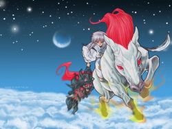 Rule 34 | 1boy, carrying, chain, cloud, dated, demon, entei (inuyasha), fire, flying, graphite (medium), hakudoushi, horse, inuyasha, japanese clothes, male focus, mane, mixed media, moon, nick-ian, red eyes, red hair, riding, scythe, sky, slit pupils, solo, traditional media, veins