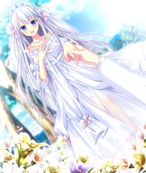 Rule 34 | 1girl, :d, blue eyes, blurry, blurry background, bow, collarbone, day, diadem, dress, dutch angle, floating hair, flower, game cg, hair between eyes, hair bow, hair flower, hair ornament, highres, holding hands, jewelry, lilium (lilium wedding plan), lilium wedding plan, long dress, long hair, necklace, off-shoulder dress, off shoulder, official art, open mouth, outdoors, ring, sesena yau, silver hair, smile, solo focus, sparkle, very long hair, wedding dress, wedding ring, white bow, white dress, white flower
