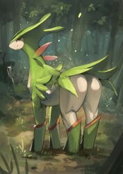 Rule 34 | absurdres, creatures (company), eguchi tumoru, facing away, forest, full body, game freak, gen 5 pokemon, highres, legendary pokemon, looking at viewer, looking back, nature, nintendo, no humans, outdoors, pokemon, pokemon (creature), solo, tree, virizion