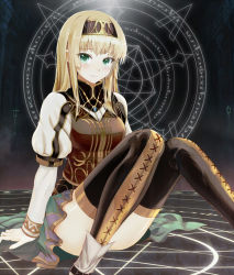 Rule 34 | 1girl, alicia (valkyrie profile 2), blonde hair, blue eyes, blush, female focus, gradient background, hairband, long hair, sitting, skirt, solo, thighhighs, valkyrie profile (series), valkyrie profile 2: silmeria