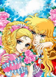 Rule 34 | 2girls, absurdres, androgynous, artist name, blonde hair, blue eyes, bouquet, bow, choker, drill hair, flower, frills, gem, hair bow, hair ribbon, hand on another&#039;s shoulder, high ponytail, highres, holding, marco albiero, marie antoinette (versailles no bara), multiple girls, official style, oscar francois de jarjayes, pink lips, pink rose, puffy short sleeves, puffy sleeves, ribbon, rose, short sleeves, signature, sparkle, versailles no bara