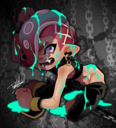 Rule 34 | 1boy, bound, cephalopod eyes, chain, chained, chained wrists, commentary request, crop top, cuffs, earrings, fangs, highres, ink stain, isamu-ki (yuuki), jewelry, kneeling, looking at viewer, midriff, navel, nintendo, octoling, octoling player character, paint splatter, pointy ears, purple eyes, red hair, restrained, splatoon (series), splatoon 2, splatoon 2: octo expansion, squidbeak splatoon, stomach, tears, tentacle hair