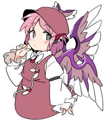 Rule 34 | 1girl, animal ears, bird ears, bird wings, brown dress, brown headwear, closed mouth, cropped legs, dress, earrings, fingernails, ini (inunabe00), jewelry, long fingernails, long sleeves, looking at viewer, mystia lorelei, pink hair, shirt, short hair, simple background, single earring, touhou, white background, white shirt, white wings, winged hat, wings