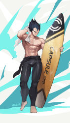 1boy abs absurdres armpits bara belt biceps black_hair dragon_ball dragonball_z highres large_pectorals looking_at_viewer male_focus manly mature_male minor_(minor2730) muscular muscular_male nipples pants pectorals simple_background solo spandex spiked_hair surfboard tight_clothes topless_male towel vegeta water water_drop wet wet_clothes