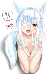 Rule 34 | 1girl, animal ear fluff, animal ears, bandage over one eye, blurry, blush, collarbone, commentary request, depth of field, fangs, fox ears, fox tail, from above, hair between eyes, hair censor, heart, hungry, kneeling, long hair, looking at viewer, looking up, md5 mismatch, navel, nude, open mouth, original, red eyes, resolution mismatch, setona (daice), solo, source smaller, speech bubble, spoken heart, tail, white background, white hair