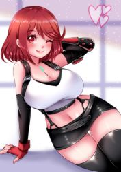 Rule 34 | 1girl, black shirt, black shorts, black skirt, breasts, chest jewel, cleavage, cosplay, crossover, female focus, final fantasy, final fantasy vii, heart, large breasts, matching hair/eyes, midriff, navel, one eye closed, pyra (xenoblade), red eyes, red hair, shirt, short hair, shorts, skirt, smile, solo, stomach, sugarbell, suspenders, swept bangs, tank top, thighhighs, tifa lockhart, tifa lockhart (cosplay), undershirt, white tank top, wink, xenoblade chronicles (series), xenoblade chronicles 2