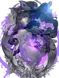 Rule 34 | 1girl, absurdres, animal ear fluff, animal ears, ass, breasts, covered erect nipples, genshin impact, hat, highres, knife, lips, long hair, looking at viewer, mole, mole under mouth, mona (genshin impact), parkjinsuky, parted lips, pasties, solo, staff, tattoo, very long hair, white background, witch hat