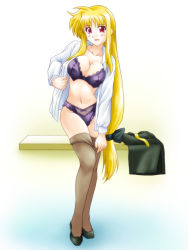 Rule 34 | 00s, 1girl, blonde hair, blush, bra, breasts, cleavage, clothes pull, covered erect nipples, dress shirt, fate testarossa, hair ribbon, large breasts, lingerie, long hair, low-tied long hair, lyrical nanoha, mahou shoujo lyrical nanoha, mahou shoujo lyrical nanoha strikers, majin go!, mazin (pixiv), open clothes, open shirt, panties, pantyhose, pantyhose pull, red eyes, ribbon, shirt, smile, solo, underwear, undressing, very long hair