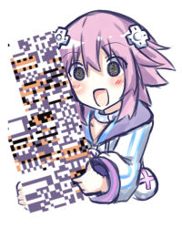 Rule 34 | 1girl, :d, absurdres, bimmy, blush, collar, commentary, creatures (company), crossover, d-pad, d-pad hair ornament, english commentary, game freak, hair between eyes, hair ornament, highres, holding, hood, hoodie, long sleeves, medium hair, missingno., neptune (neptunia), neptune (series), nintendo, open mouth, pokemon, pokemon rgby, purple hair, sidelocks, simple background, smile, solo, static, static eyes, white background, white hoodie