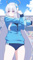 Rule 34 | 1girl, absurdres, bare legs, blue archive, blue buruma, blue jacket, blurry, blurry background, blush, buruma, closed mouth, cross-body stretch, day, grey hair, halo, headphones, highres, jacket, long hair, long sleeves, looking to the side, mechanical halo, noa (blue archive), purple eyes, reia 76, sidelocks, solo, stretching, track jacket, twitter username, very long hair, zipper