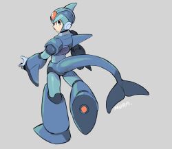 Rule 34 | 1boy, armor, artist name, blue armor, blue helmet, blue tail, cetacean tail, fins, fish tail, forehead jewel, from behind, full body, green eyes, grey background, head fins, highres, kuwagata mura, looking at viewer, looking back, male focus, mega man (series), mega man x (series), simple background, solo, tail, x (mega man)
