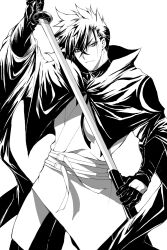Rule 34 | 1boy, black cape, black gloves, black hair, cape, frown, gloves, greyscale, hair between eyes, highres, holding, holding sword, holding weapon, japanese clothes, kimono, kurima raizou, looking at viewer, male focus, miosaka0000, monochrome, revenger, sheath, solo, standing, sword, unsheathing, weapon