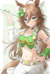 Rule 34 | 1girl, ahoge, animal ears, aqua eyes, arm strap, bow, brown hair, commentary, cowboy shot, crop top, drop shadow, green bow, grin, hair between eyes, hair ornament, hairclip, hand on own hip, hand up, hat, hat bow, highres, horse ears, horse girl, horse tail, jacket, long hair, long sleeves, looking at viewer, midriff, mini hat, mini top hat, mr. c.b. (umamusume), navel, open clothes, open jacket, pants, single bare shoulder, single sleeve, smile, sola num 5130, solo, standing, stomach, tail, top hat, umamusume, very long hair, white hat, white jacket, white pants, wrist cuffs
